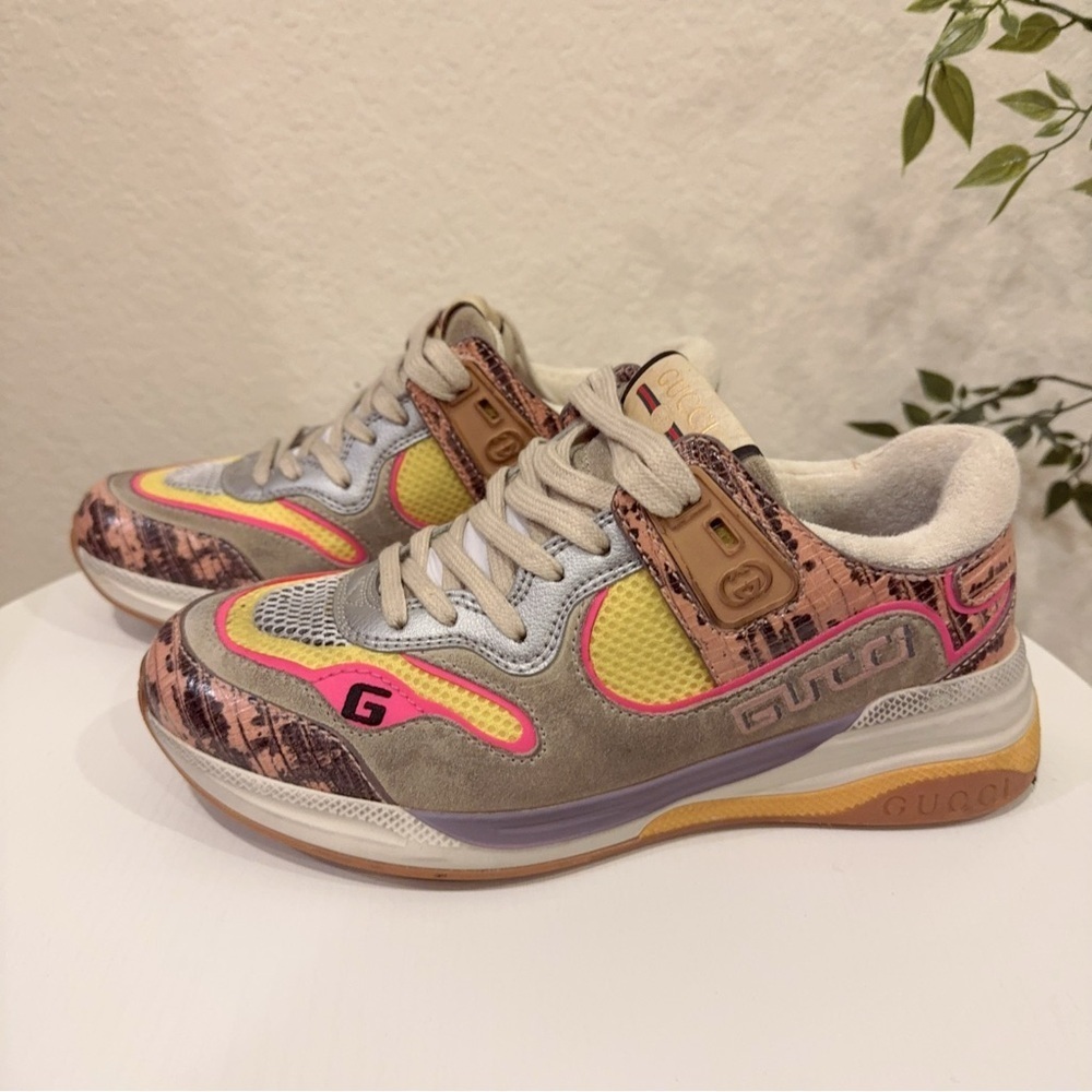 Authentic Gucci Ultrapace Pink Multi Leather Metallic Snake Print Sneaker 36.5